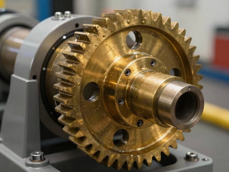 Macro close-up of a heavy-duty brass gear assembly inside an automated gate drive system, crisp daylight highlighting the mechanical precision and clean grease lines