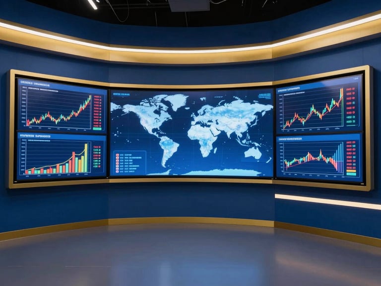 A futuristic, minimalist television broadcast studio, deep blue and gold accents, large glowing screens displaying global economic charts.