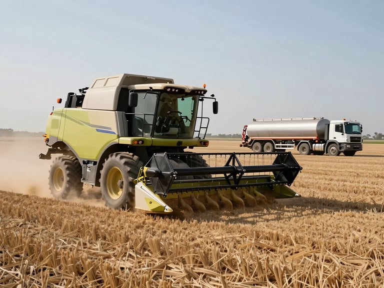 Wide agricultural field at daylight with large harvesting equipment in motion, grain dust in the air, fuel tanker truck parked at field edge ready for refueling, practical site lighting