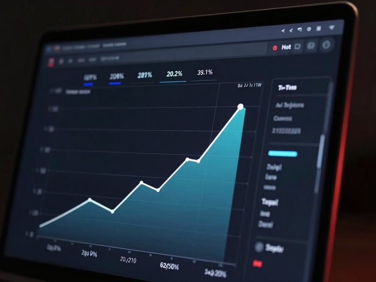 High-fidelity, clean interface mockup showing upward-trending analytics on a dark screen, low-key high-contrast lighting with subtle red ambient rim-lighting, macro detail, professional environment.