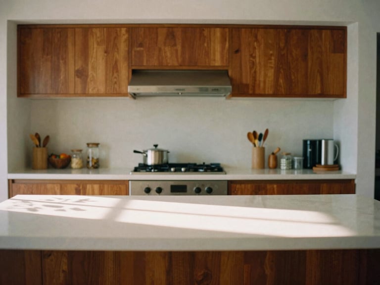 A clean, bright modern kitchen in Mérida with sunbeams on the countertop, warm natural light, 35mm film style
