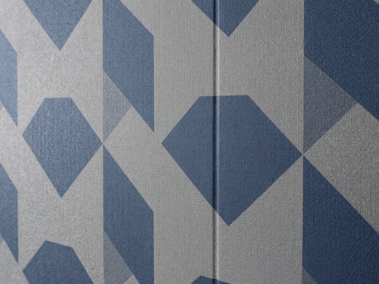 Architectural detail of premium wallpaper with geometric patterns perfectly aligned at the seam, slate grey and deep blue tones, 35mm.