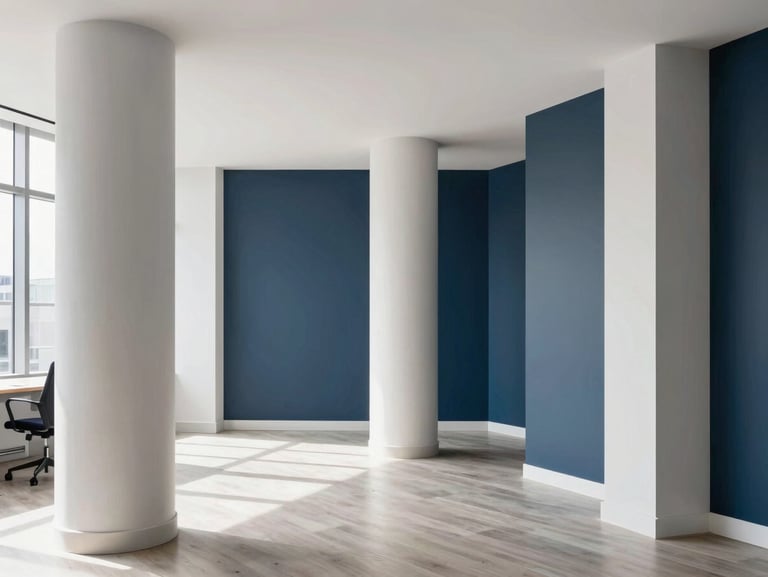 Bright, modern Dublin office space with clean painted columns and geometric accent walls, natural light, professional and tidy workspace, 35mm.