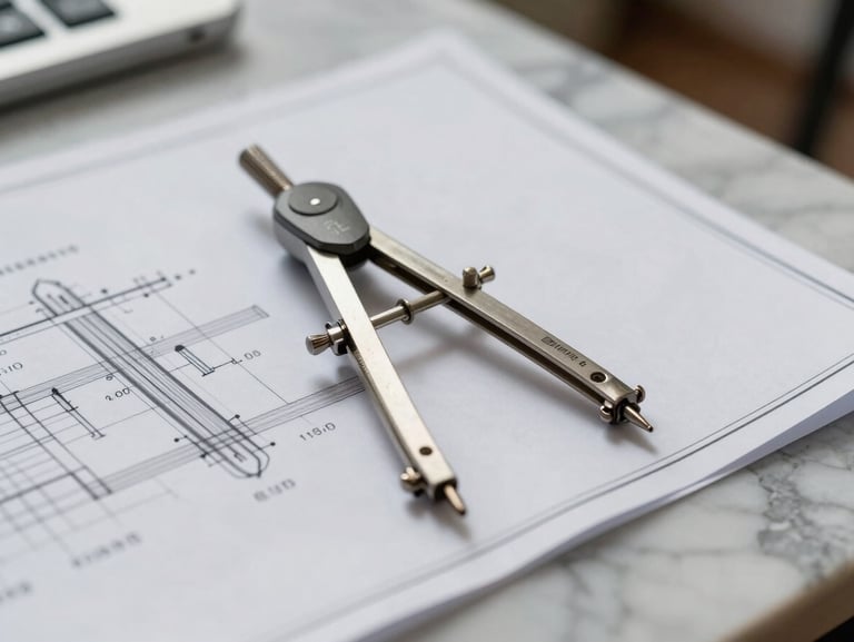 Macro photograph of technical blueprints laid out on a marble table, a precise metal drafting compass resting on structural calculations, soft natural side lighting.