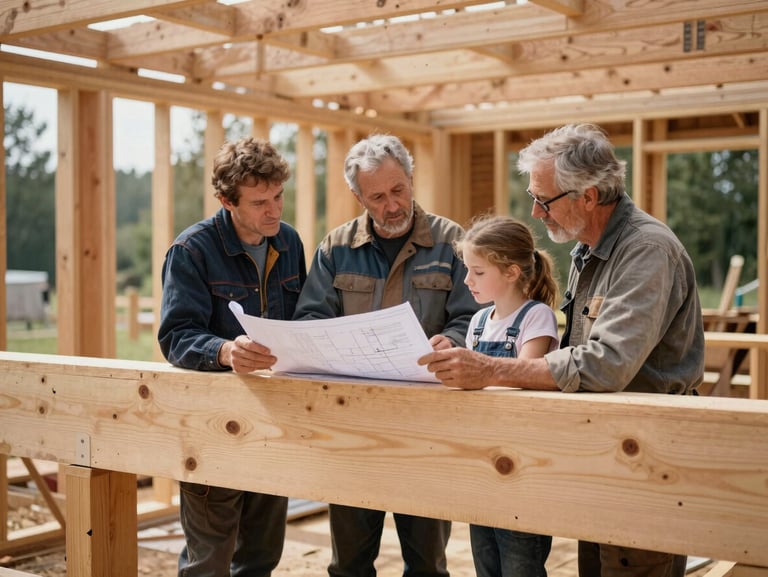 A multi-generational family of builders in workwear examining a blueprint on top of a heavy timber beam, soft natural daylight, active outdoor timber framing site.
