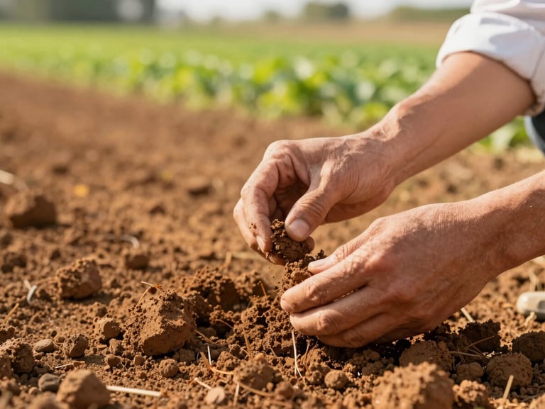 Hands of an agricultural expert carefully examining soil quality in a sunny field, warm clay-earth tones, shallow depth of field