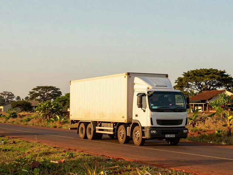 A modern logistics truck driving along a regional road in Mozambique, wide environmental landscape shot, warm golden-hour sunlight