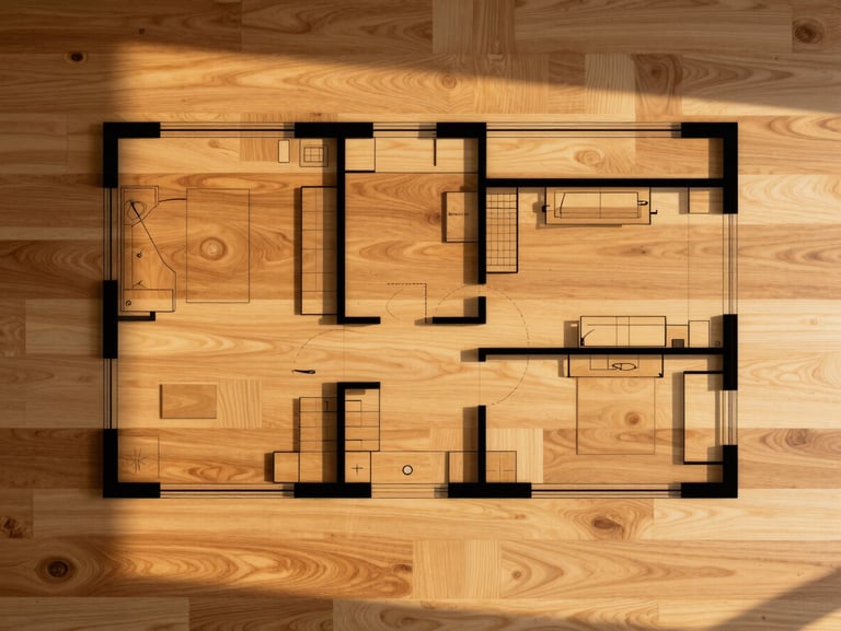 A crisp modern architectural floor plan of a detached ADU, clean black lines on a rich oak wood background, warm side lighting