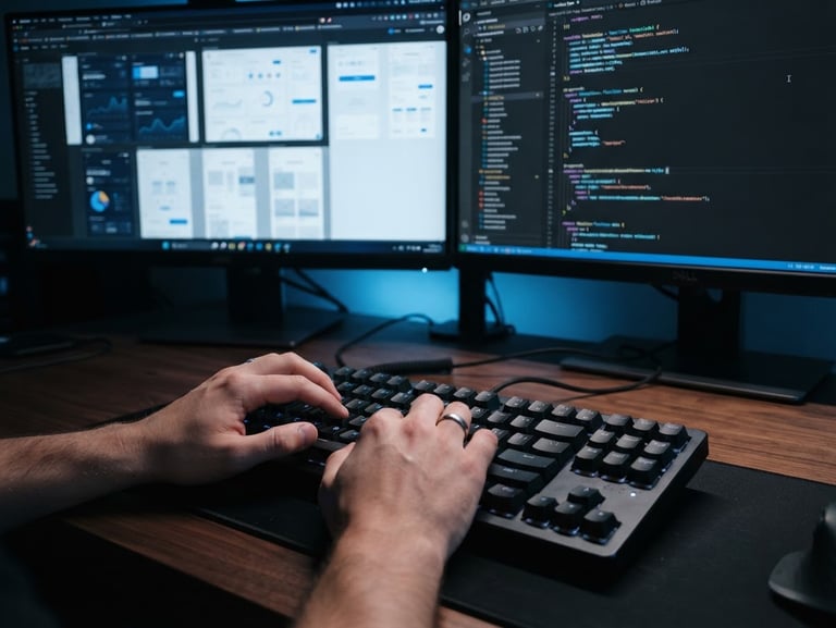 Close-up shot of hands typing code on a mechanical keyboard, high-fidelity UI mockups visible on a clean dual-monitor setup in a modern workspace, cool blue studio lighting, sharp focus, 35mm lens