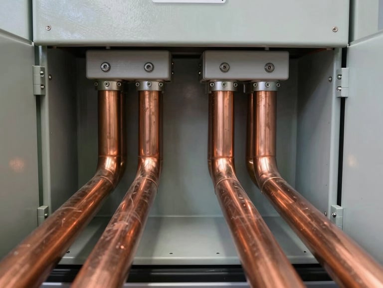 Symmetrical architectural close-up of parallel copper conduit lines running into a modern electrical panel, crisp technical lighting