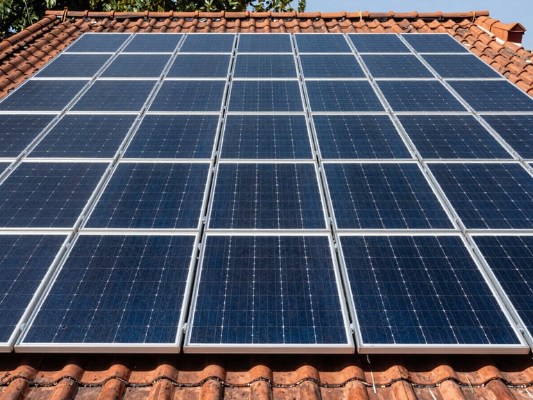 Immaculate solar array integrated seamlessly onto a tiled roof, straight-on symmetrical composition, bright daylight