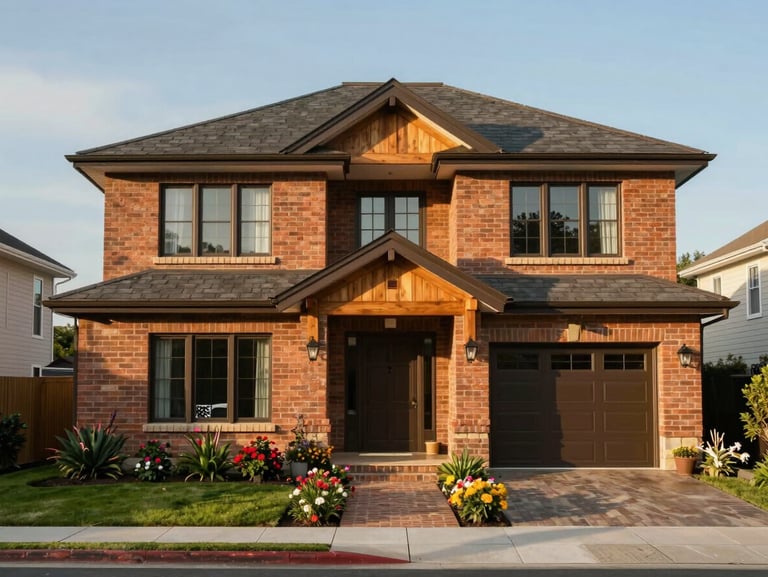 Beautiful family house facade in Mapaiso urbanization, warm afternoon light, brick and wood details, spacious front garden with blooming flowers.