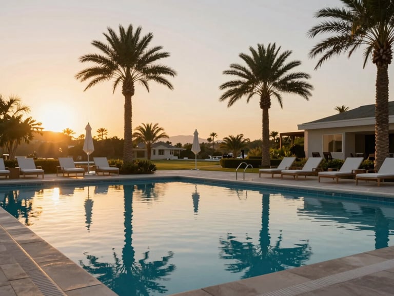 Stunning country club swimming pool in Kalomai urbanization at golden hour, warm tropical sunset, palm trees reflecting on calm water, modern lounge chairs.