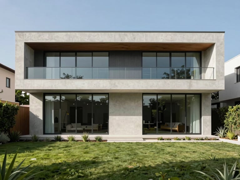 Modern luxury villa facade in La Joya urbanization, bright natural daylight, clean concrete lines, large glass windows, green manicured lawn.