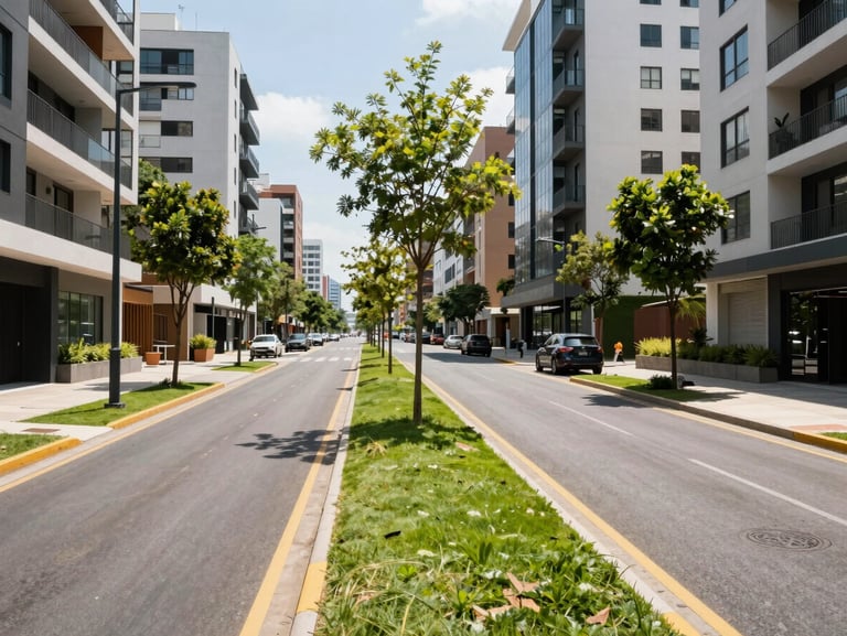 Wide boulevard in Nueva Santa Cruz smart city, clean modern asphalt, green central meridian with young trees, contemporary apartment buildings in the background under bright sun.