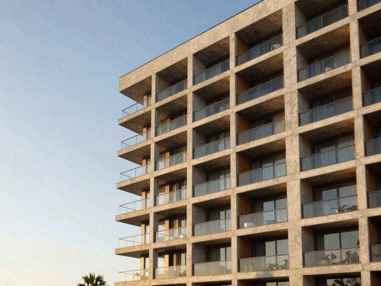 Wide-angle architectural photograph of a modern luxury apartment building in Santa Cruz under bright golden hour sunlight, clean lines, concrete and wood materials, negative space on the left