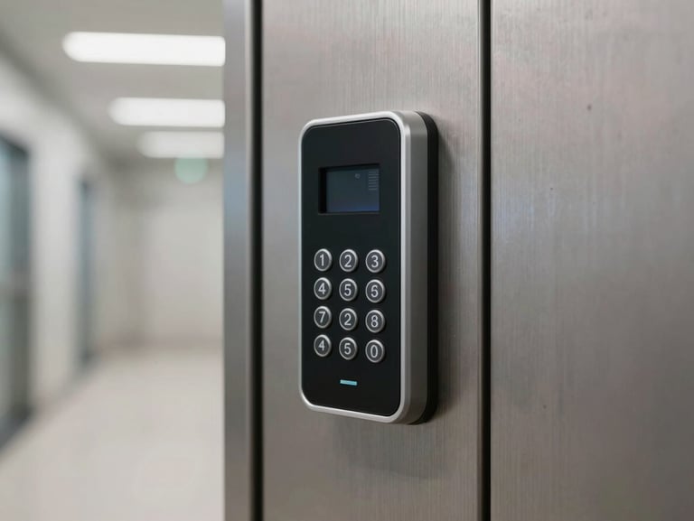 Close-up architectural shot of a high-tech digital access keypad on a secure metallic door, immaculate clean corridor, neutral daylight industrial LED lighting
