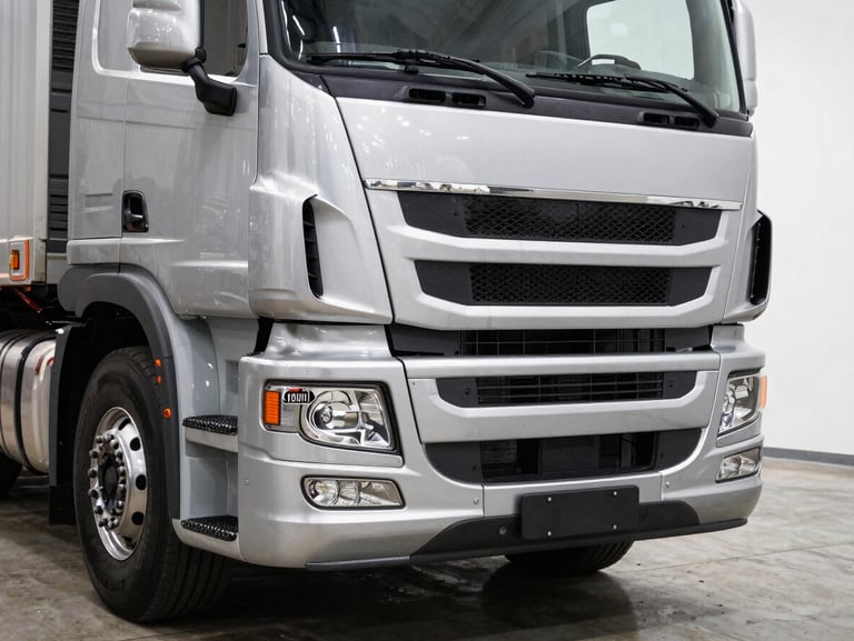 Close-up front view of a heavy-duty Chinese long-haul truck cab in a bright showroom, chrome grille and headlights in sharp detail, white studio lighting, scale visible against concrete floor
