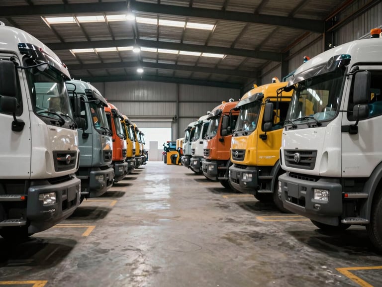 Wide shot inside a large warehouse showing rows of used heavy trucks and machinery in storage, overhead lighting illuminating the full fleet, shot from the aisle at medium distance with inventory depth visible