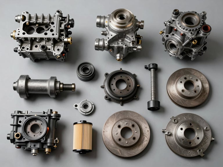 Flat-lay overhead shot of assorted heavy truck spare parts — engine components, brake assemblies, filters — arranged on a clean gray workshop surface under uniform studio lighting, each part clearly visible