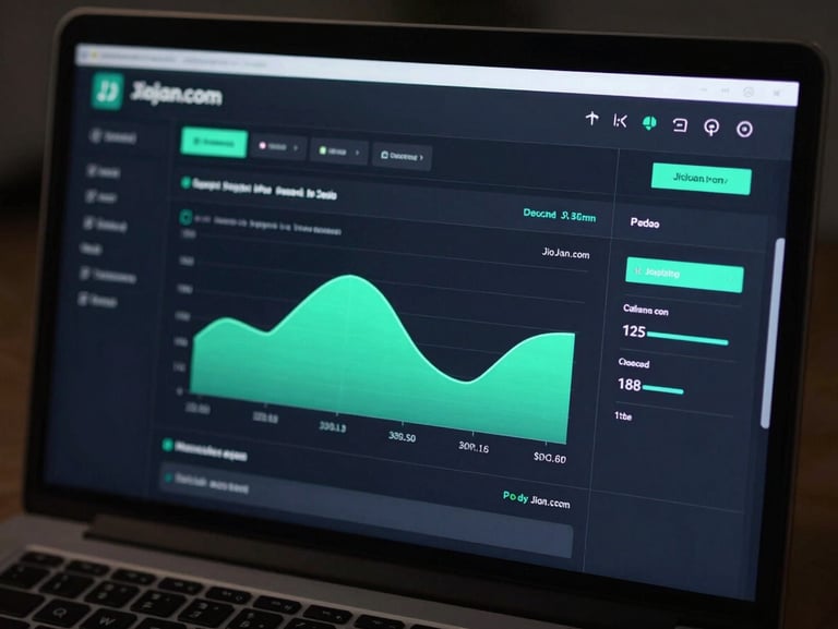 Close-up of JioJan.com merchant dashboard on a laptop screen, vibrant mint green transaction graphs glowing against deep charcoal UI, over-the-shoulder developer perspective, 35mm