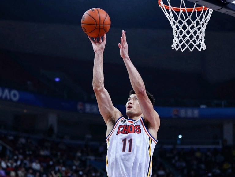 Dynamic action shot of an adult basketball player shooting a jump shot, dramatic side-lighting, ball leaving hands, net in background.