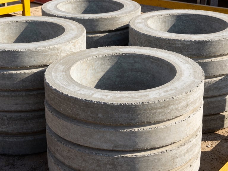 Heavy concrete well rings stacked on site, ready for installation, industrial texture