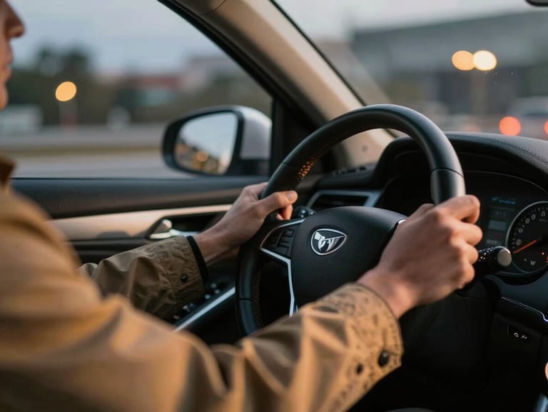 Close framing of a professional driver's hands on a steering wheel at night — city lights blurred through side window, dashboard glow casting warm light on jacket sleeves, no face visible, overcast urban atmosphere