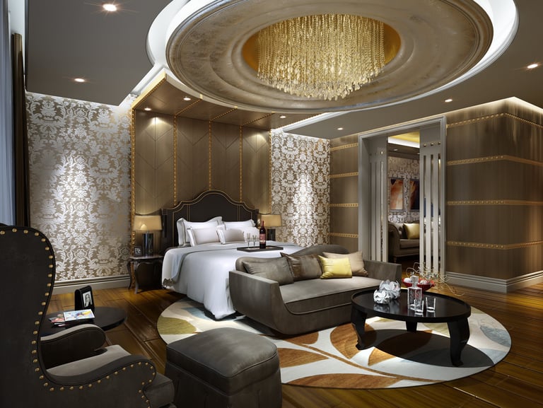 Luxury master bedroom interior with a grand crystal chandelier, damask wallpaper, and velvet seating.