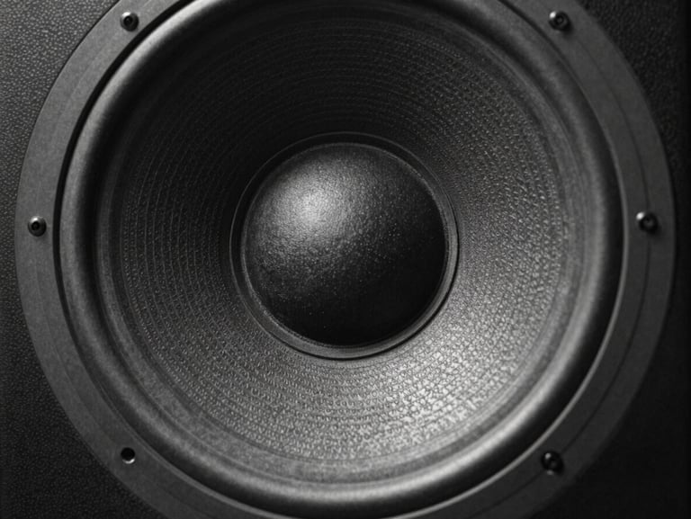 Close-up of a massive analog sound system speaker cone, high contrast black-and-white, raw texture