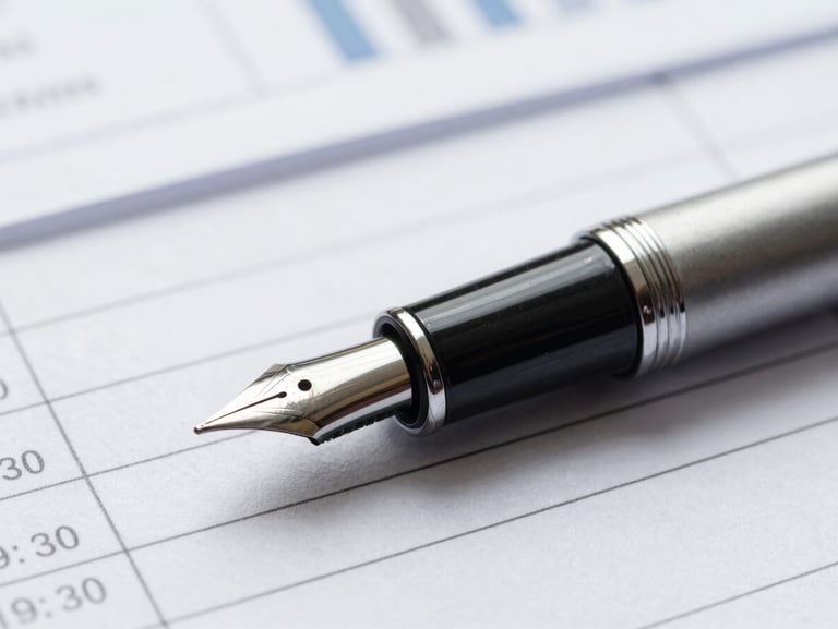 Macro close-up of a fountain pen resting on a flawlessly organized financial ledger, sharp studio lighting, cool silver and deep black tones