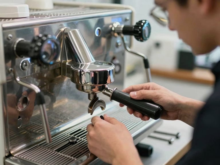 Close-up of the internal group head and portafilter of a commercial espresso machine being inspected on a technician's bench, precision tools laid beside it, even bright workshop light, no faces
