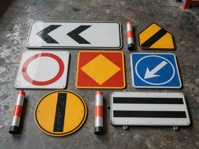 Overhead flat-lay of road signage panels and reflective delineator posts arranged on a warehouse floor under neutral studio lighting