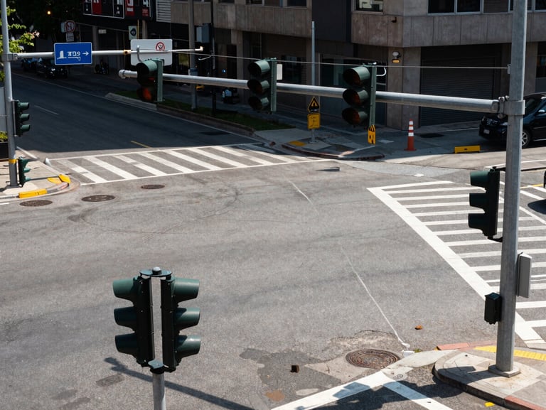 Wide environmental shot of an urban intersection with installed traffic signals and road signage panels, natural daylight, overhead logistics perspective showing order and scale of installed infrastructure