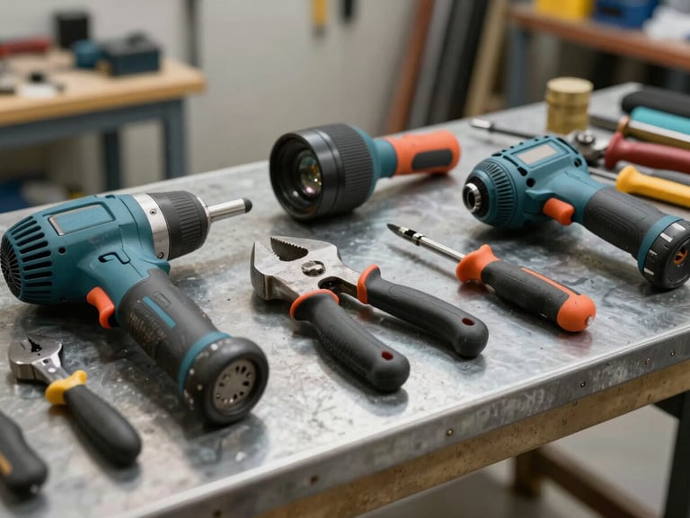 Clinical studio shot of power tools and construction hand tools arranged on a steel workbench, natural side lighting, tools in sharp focus