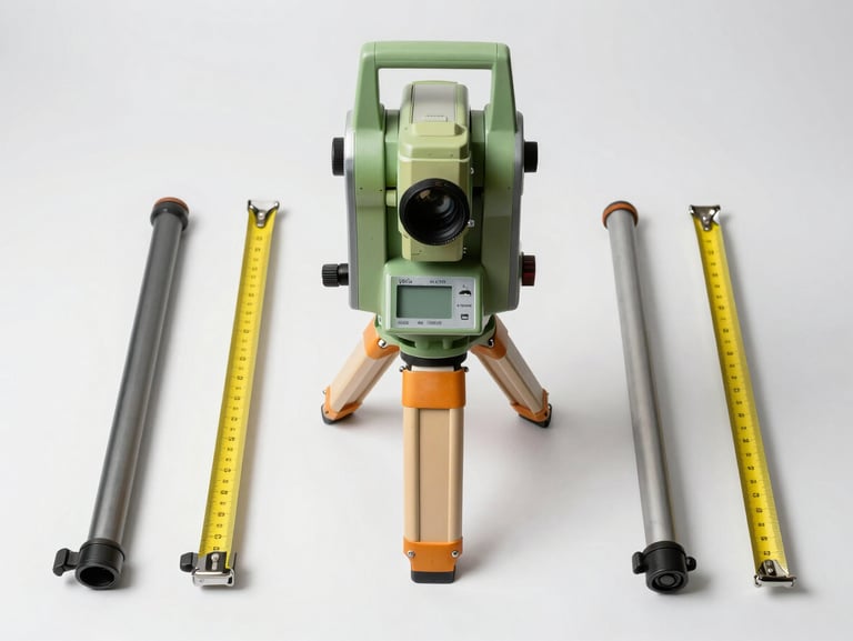 Overhead view of surveying instruments laid on a field table — total station, prism poles, and measuring tape on white surface, clinical studio lighting, clean arrangement showing scale and technical specificity