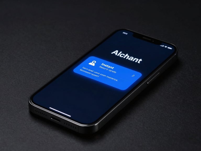 Sleek smartphone screen showing an instant security alert notification, neon blue accent light, dark moody background, high contrast studio lighting