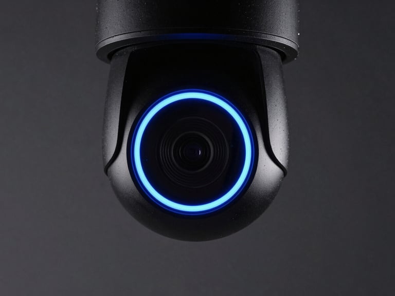 Close-up of a sleek black dome IP camera with a glowing blue status ring, dark graphite background, sharp studio lighting