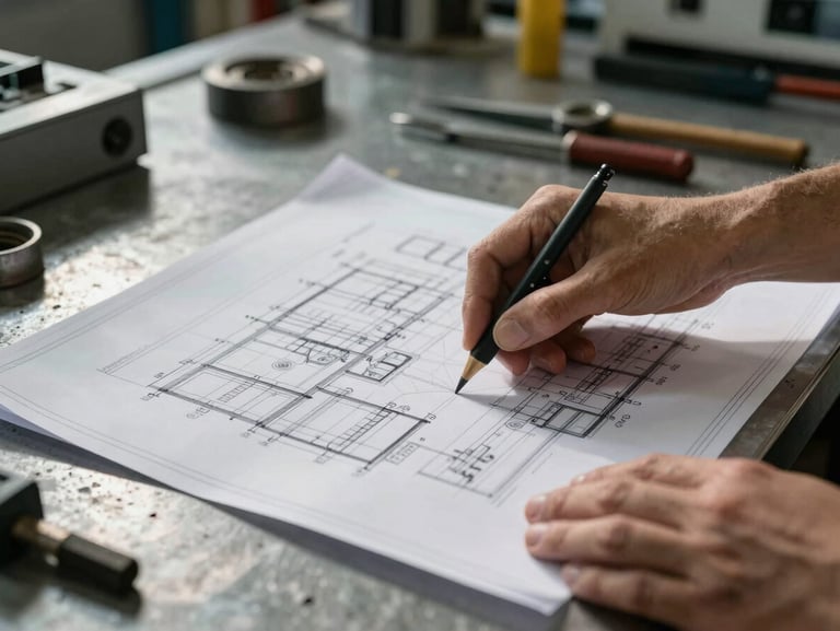 A close-up of hands reviewing technical blueprints on a metal workbench inside a manufacturing plant, natural high-contrast light, tools in background.