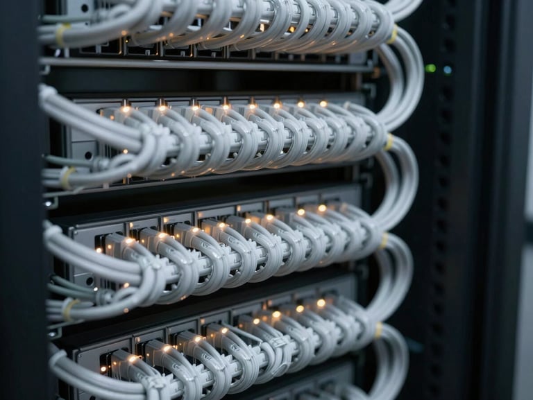 Extreme close-up of a perfectly organized low-voltage server rack, pristine cabling bundled in parallel lines, soft warm indicator lights.