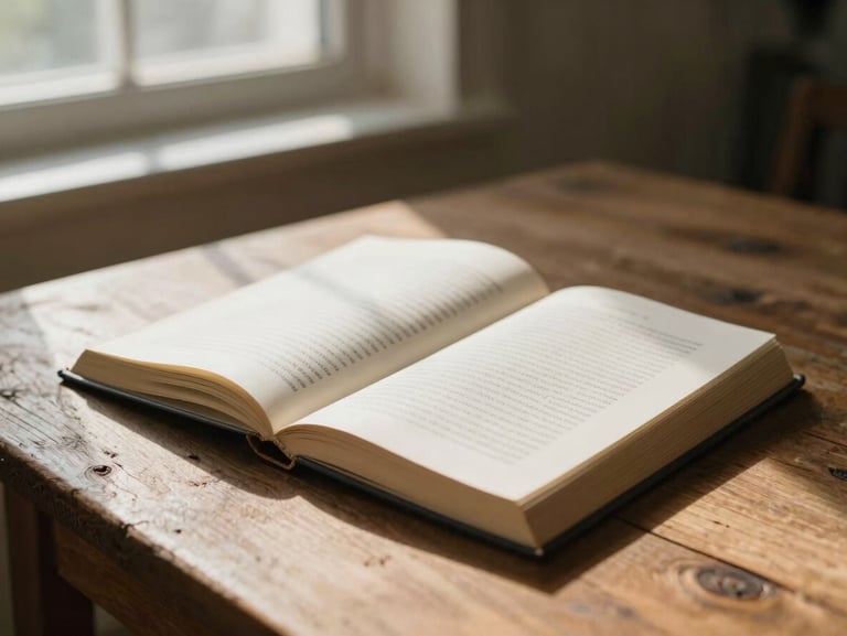 An open book on a rustic wooden table with soft window light casting long shadows, warm editorial style, shallow depth of field