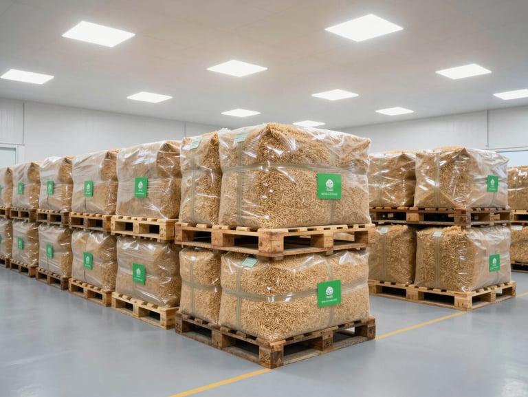 Wide-angle clinical shot of a modern clean warehouse interior, stacked pallets of sorted dry grains under bright overcast daylight, green accent labels, pristine logistics environment.
