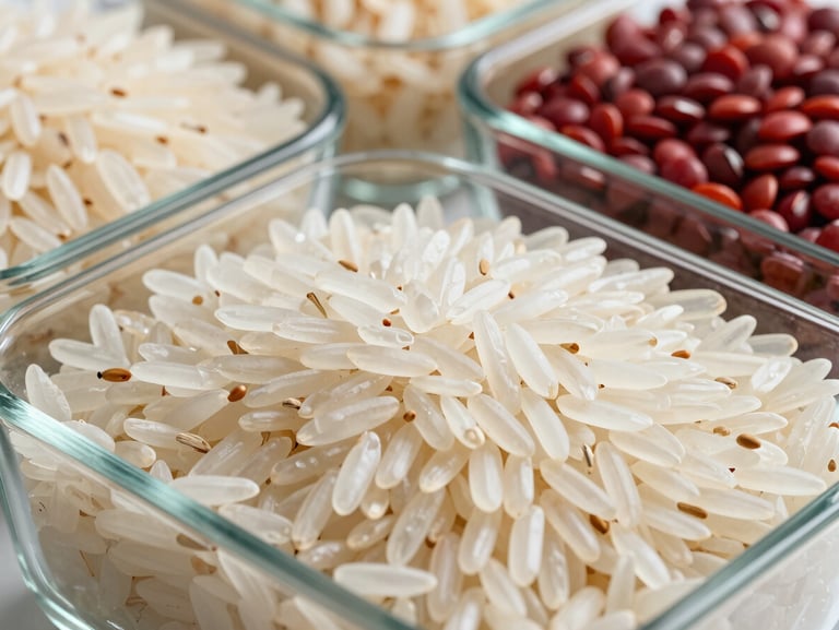 Macro shot of polished, uniform basmati rice grains and red lentils in clean laboratory-style glass containers, bright daylight