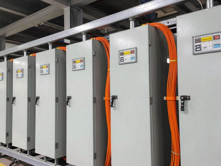 Close-up of heavy industrial UPS battery banks and BCB panels with safety orange wiring, clean technical interior lighting