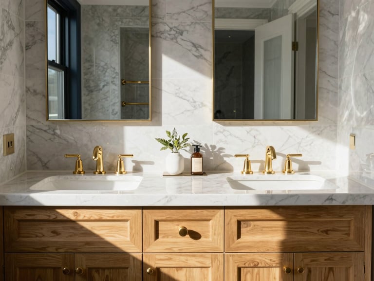 Sunlit high-end master bathroom, custom marble tile work, double vanity with brushed gold fixtures, warm natural light