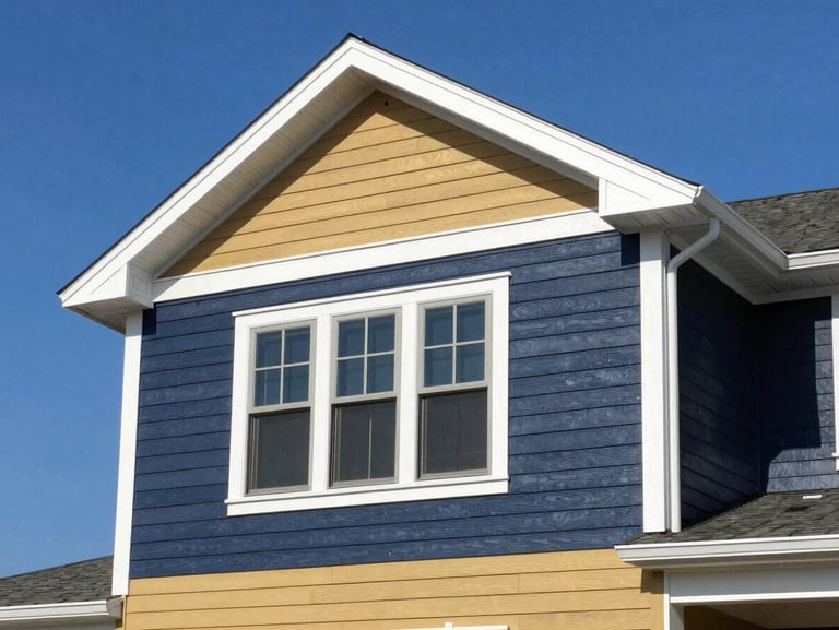 Flawless residential exterior showing newly installed premium siding and crisp white architectural trim under clear blue sky, sharp focus