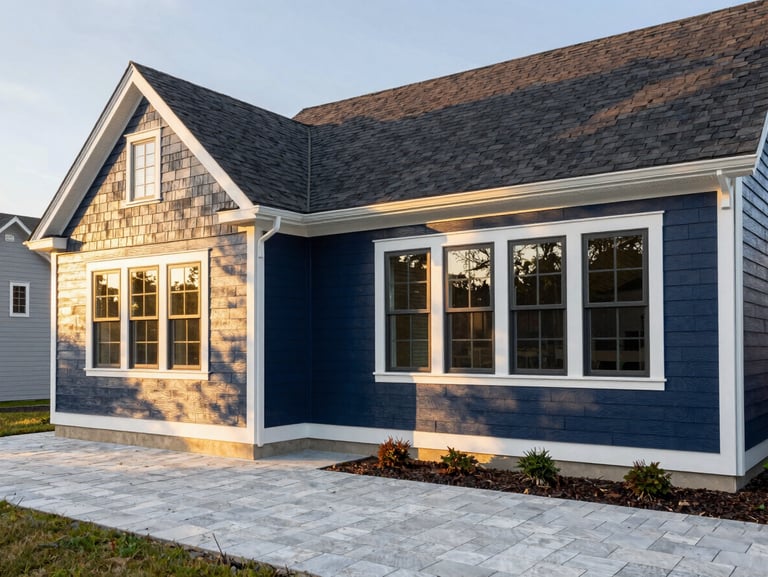 Stunning exterior elevation of a Quincy home, fresh premium siding, pristine architectural shingles, clean masonry walkway, golden hour light