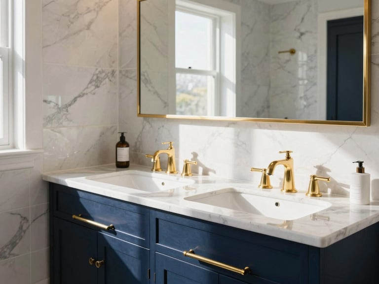 Bright, sunlit luxury bathroom with custom marble tiling, double vanity, and brass fixtures, natural daylight, architectural focus, 35mm lens
