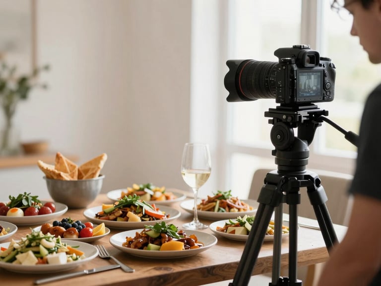 Behind the scenes of a food photo shoot, a camera on a tripod positioned over a beautifully arranged table with Mediterranean dishes, natural light