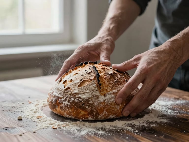 A close-up of hands styling a rustic sourdough loaf on a dark wooden table, soft morning window light, flour dust in the air
